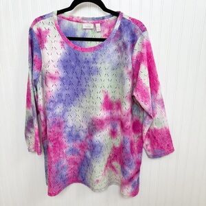 Lori Goldstein LOGO Layers Pink & Orange Tie Dye Eyelet Knit Top Size XL NEW